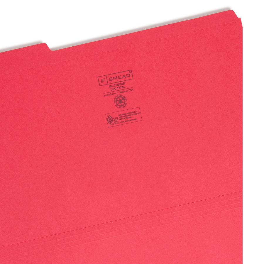 Smead Colored 1/3 Tab Cut Legal Recycled Top Tab File Folder - 8 1/2" x 14" - 3/4" Expansion - Top Tab Location - Assorted Position Tab Position - Red - 10% Recycled - 100 / Box. Picture 2
