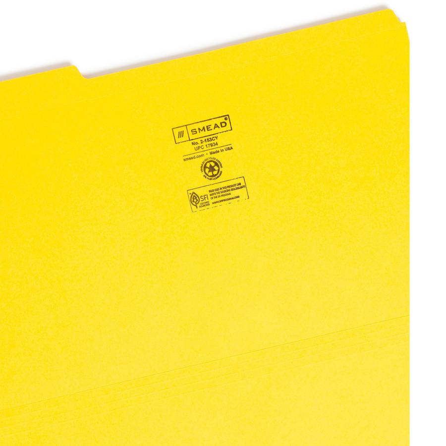 Smead Colored 1/3 Tab Cut Legal Recycled Top Tab File Folder - 8 1/2" x 14" - 3/4" Expansion - Top Tab Location - Assorted Position Tab Position - Yellow - 10% Recycled - 100 / Box. Picture 2