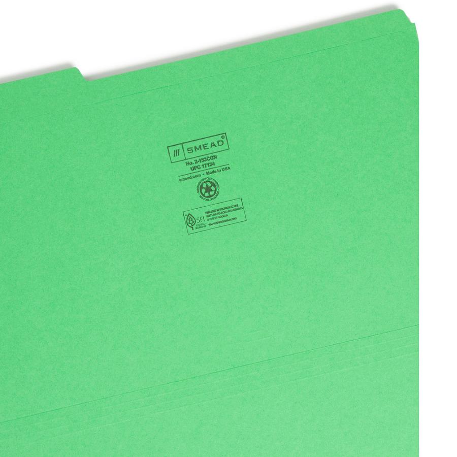 Smead Colored 1/3 Tab Cut Legal Recycled Top Tab File Folder - 8 1/2" x 14" - Top Tab Location - Assorted Position Tab Position - Green - 10% Recycled - 100 / Box. Picture 2