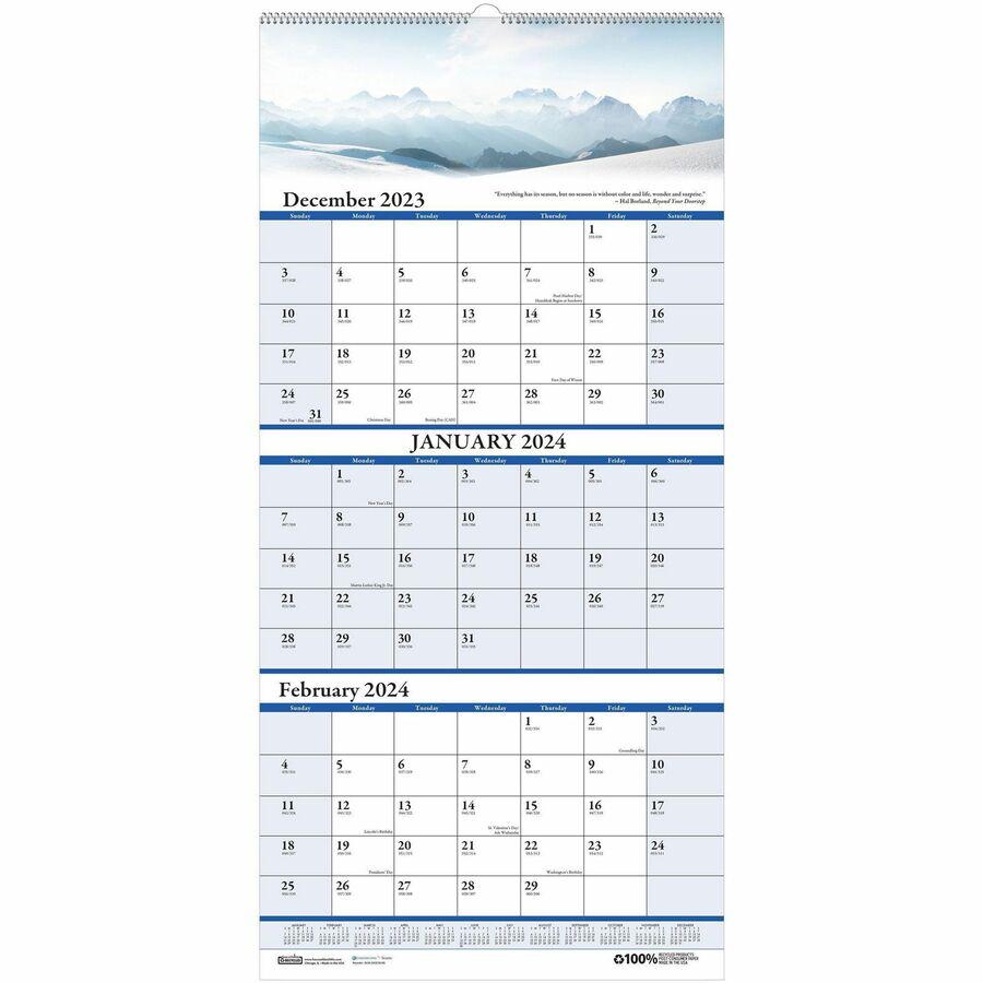 House of Doolittle Scenic 3-month Wall Calendar - Julian Dates - 14 Month - December 2023 - January 2025 - 3 Month Single Page Layout - 12 1/4" x 27" Sheet Size - 1.75" x 1.13" Block - Wire Bound - Wh. Picture 2