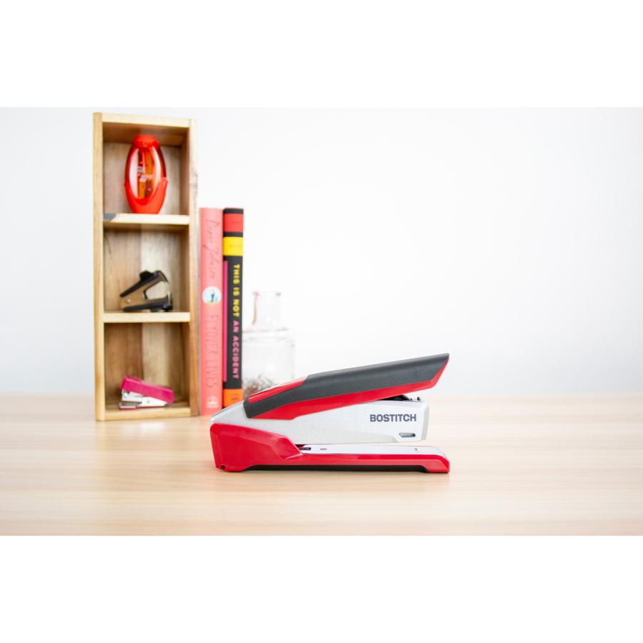 Bostitch InPower 28 Spring-Powered Premium Desktop Stapler - 28 Sheets Capacity - 210 Staple Capacity - Full Strip - 1/4" Staple Size - Silver, Red. Picture 2
