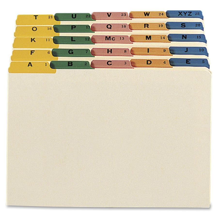 Smead Filing Guides with Alphabetic Indexing - Printed Tab(s) - Character - A-Z - Legal - 8.50" Width x 14" Length - Manila Manila Divider - Green, Pink, Blue, Salmon, Yellow Tab(s) - 25 / Set. Picture 2