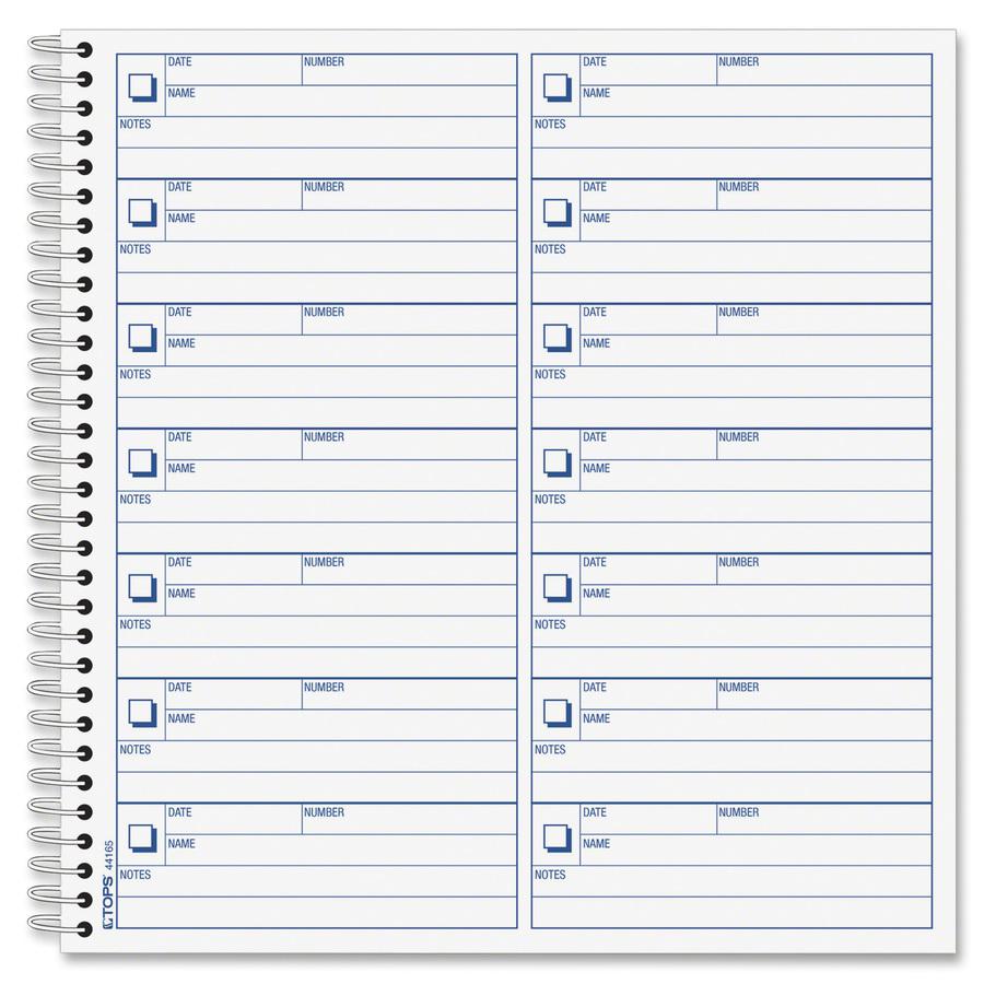 TOPS Voice Message Log Book - 50 Sheet(s) - 24 lb - Spiral Bound - 8.50" x 8.25" Sheet Size - White - Blue Print Color - 1 Each. Picture 2