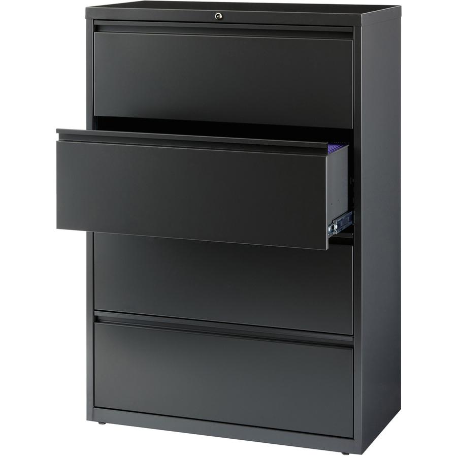 Lorell Fortress Series Lateral File - 36" x 18.6" x 52.5" - 4 x Drawer(s) - Legal, Letter, A4 - Lateral - Rust Proof, Leveling Glide, Interlocking - Charcoal - Baked Enamel - Steel - Recycled. Picture 2