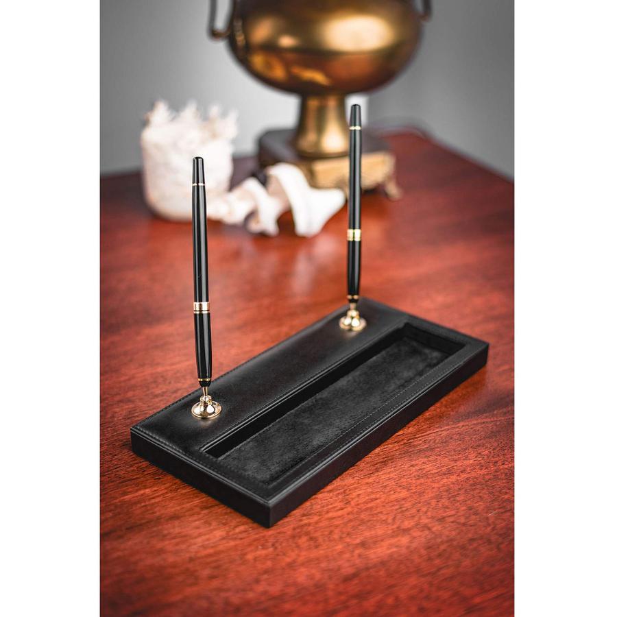 Dacasso Double Pen Stand with Gold Accent - 1" x 11.12" - Leather - Black. Picture 2
