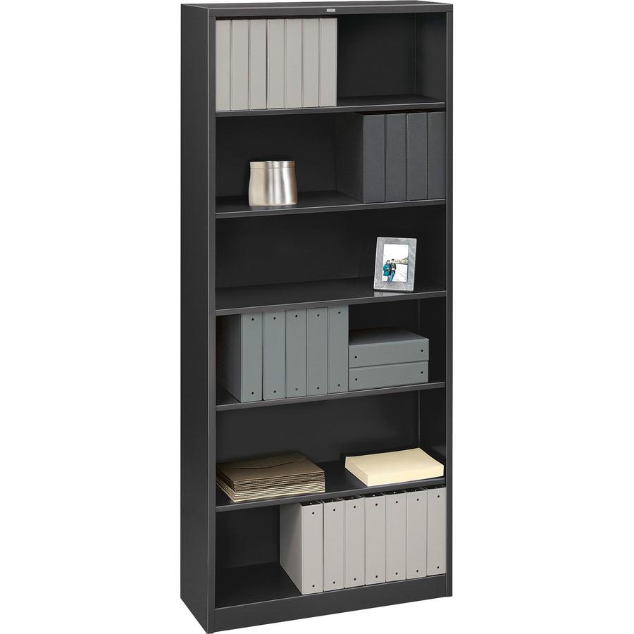HON Brigade Steel Bookcase | 6 Shelves | 34-1/2"W | Charcoal Finish - 6 Shelf(ves) - 81.1" Height x 34.5" Width x 12.6" Depth - Adjustable Shelf, Reinforced, Welded, Durable, Compact - Steel. Picture 2