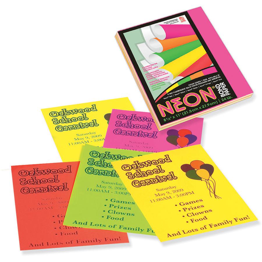 Pacon Neon Multipurpose Paper - Assorted - Letter - 8.50" x 11" - 24 lb Basis Weight - 100 Sheets/Pack - Bond Paper - 5 Assorted Neon Colors. Picture 2