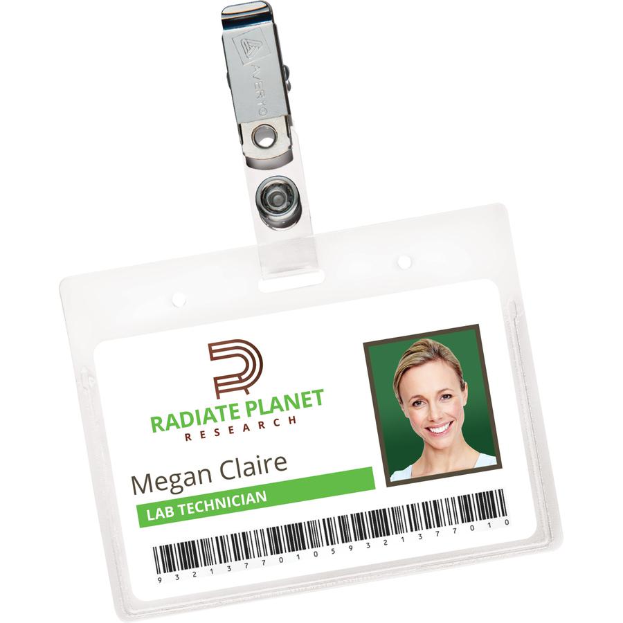 Avery&reg; Heavy-Duty Clip Style Badge Holders - Support 3.50" x 2.25" Media - Horizontal - 3.5" x 2.3" - Plastic - 50 / Box - Clear. Picture 4