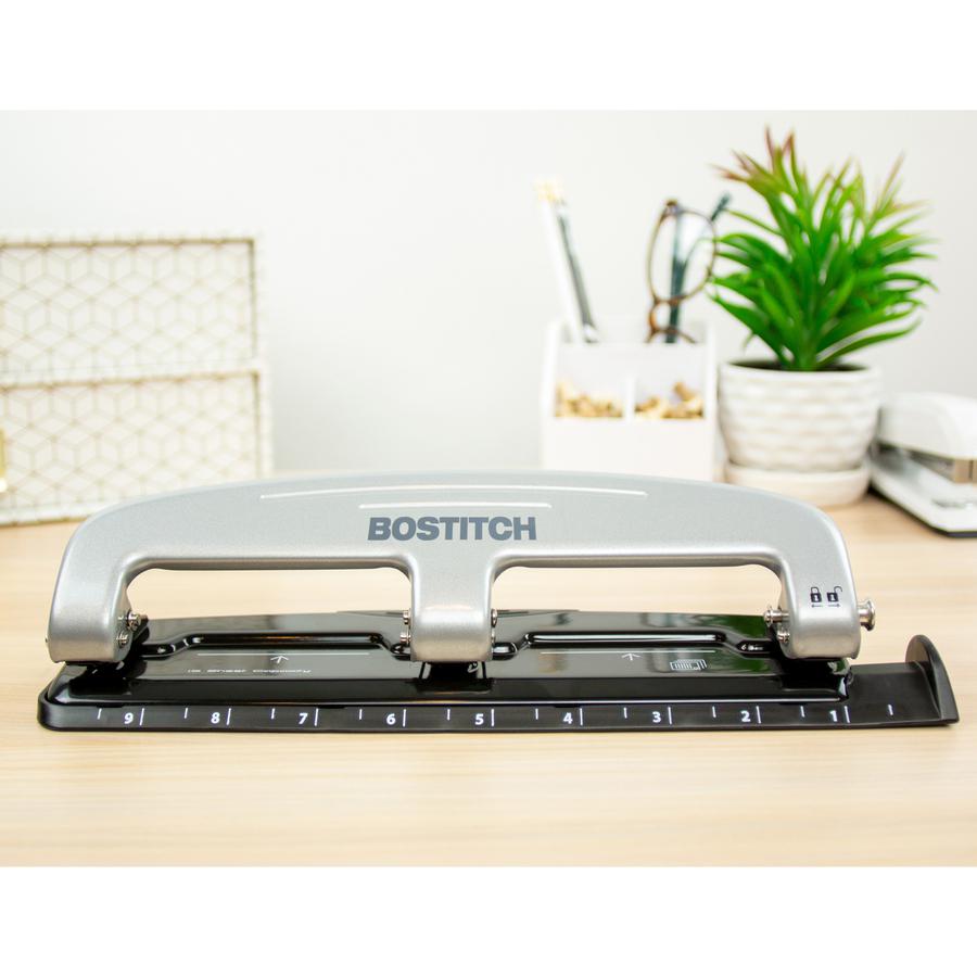 Bostitch EZ Squeeze&trade; 12 Three-Hole Punch - 3 Punch Head(s) - 12 Sheet - 9/32" Punch Size - 3" x 1.6" - Black, Silver. Picture 2