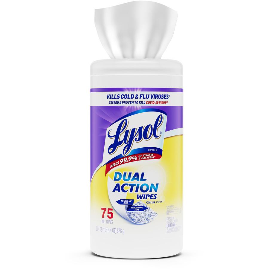 Lysol Dual Action Wipes - For Multipurpose - Citrus Scent - 7" Length x 7.25" Width - 75 / Canister - 1 Each - Pre-moistened, Anti-bacterial - White/Purple. Picture 2
