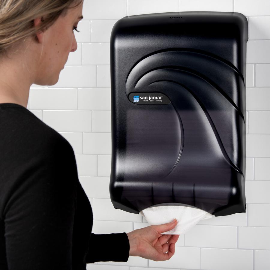 San Jamar Ultrafold Multifold Towel Dispenser - C Fold, Multifold, Touchless Dispenser - 450 x C Fold, 750 x Multifold - 18.7" Height x 11.7" Width x 6.3" Depth - Plastic - Black - Transparent, Touch-. Picture 3