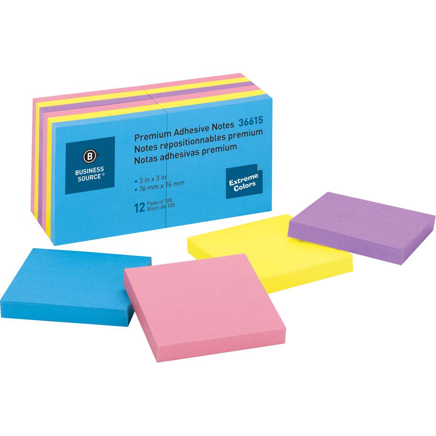 Business Source 3x3 Extreme Colors Adhesive Notes - 100 - 3" x 3" - Square - Assorted - Repositionable, Solvent-free Adhesive - 12 / Pack. Picture 9