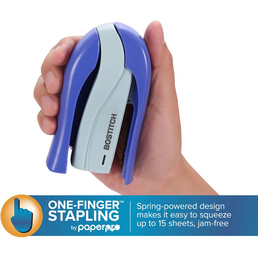 Bostitch Spring-Powered 15 Handheld Compact Stapler - 15 Sheets Capacity - 105 Staple Capacity - Half Strip - 1/4" Staple Size - 1 Each - Blue. Picture 3