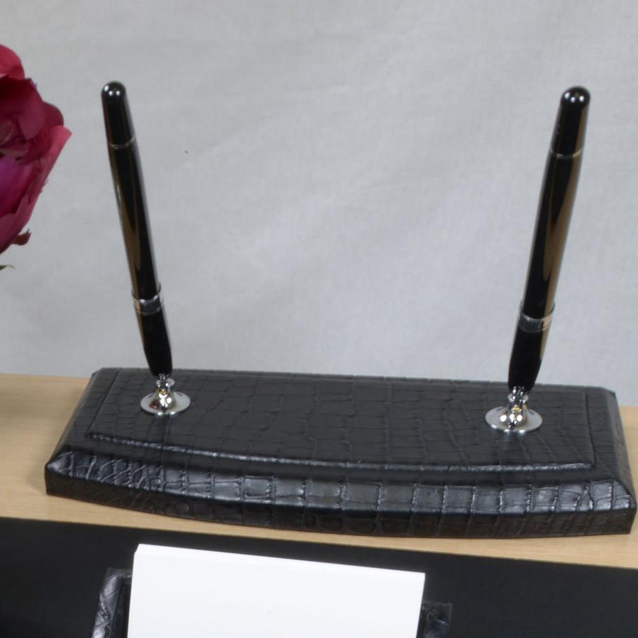 Dacasso Crocodile Embossed Black Leather Pen Stand - Leather, Velveteen - 1 Each - Black. Picture 2