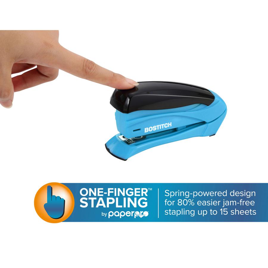 Bostitch Inspire 15 Spring-Powered Compact Stapler - 15 Sheets Capacity - 105 Staple Capacity - Half Strip - 1/4" , 26/6mm Staple Size - 1 Each - Assorted. Picture 2