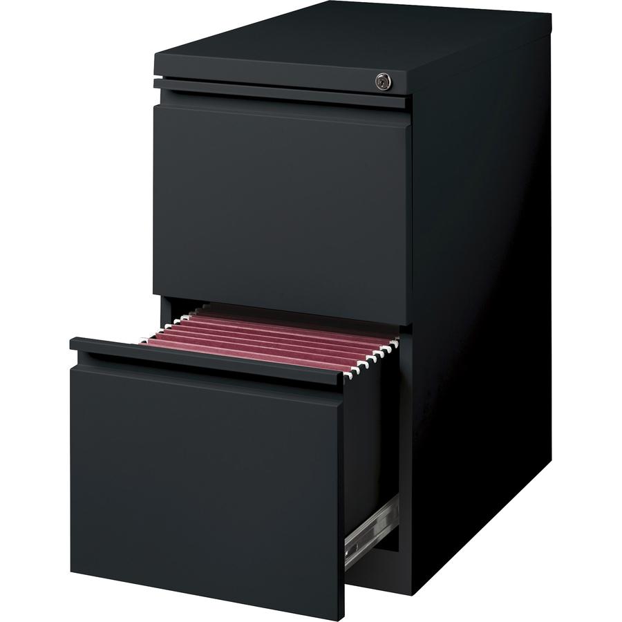Lorell 20" File/File Mobile File Cabinet with Full-Width Pull - 15" x 20" x 27.8" - Letter - Security Lock, Ball-bearing Suspension, Recessed Handle - Black - Steel - Recycled. Picture 2
