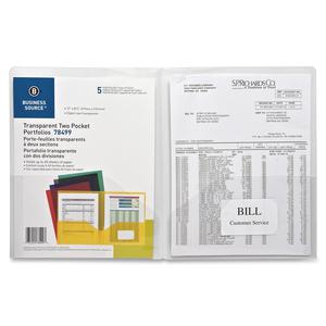Business Source Letter Pocket Folder - 8 1/2" x 11" - 60 Sheet Capacity - 2 Pocket(s) - Poly - Clear - 5 / Pack. Picture 3