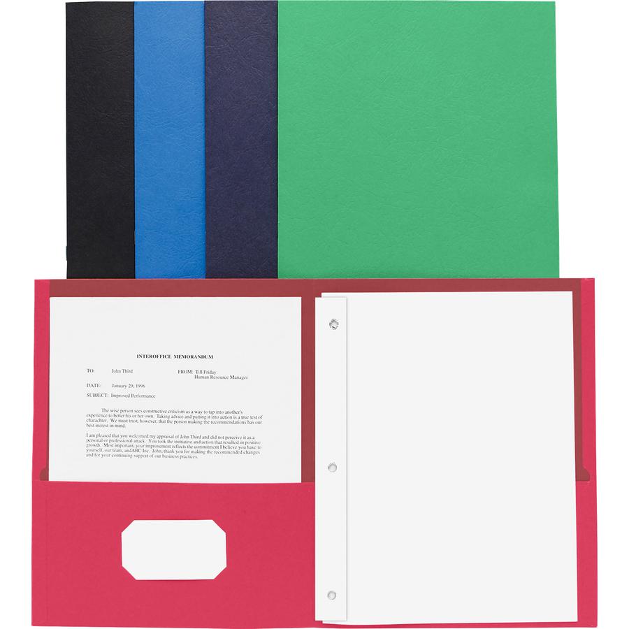 Business Source Letter Recycled Pocket Folder - 8 1/2" x 11" - 100 Sheet Capacity - 3 x Prong Fastener(s) - 2 Inside Front & Back Pocket(s) - Leatherette - Assorted - 35% Recycled - 25 / Box. Picture 2