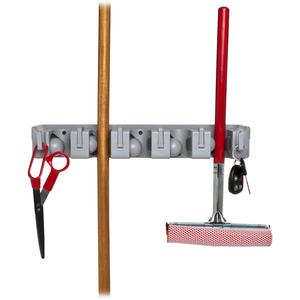 Genuine Joe Cleaning Tool Wall Organizer Rack - 5 x Broom - 3.8" Height x 16.5" Width x 2.8" Depth - Handle, Hanging Hook, Sturdy - Gray - ABS Plastic - 1 Each. Picture 3