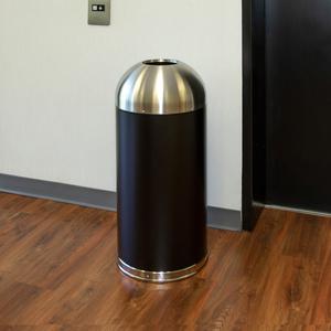 Genuine Joe 15 Gallon Dome Top Trash Receptacle - 15 gal Capacity - Durable, Powder Coated, Easy to Clean - 40" Height x 16.5" Diameter - Stainless Steel - Black, Silver - 1 Each. Picture 3