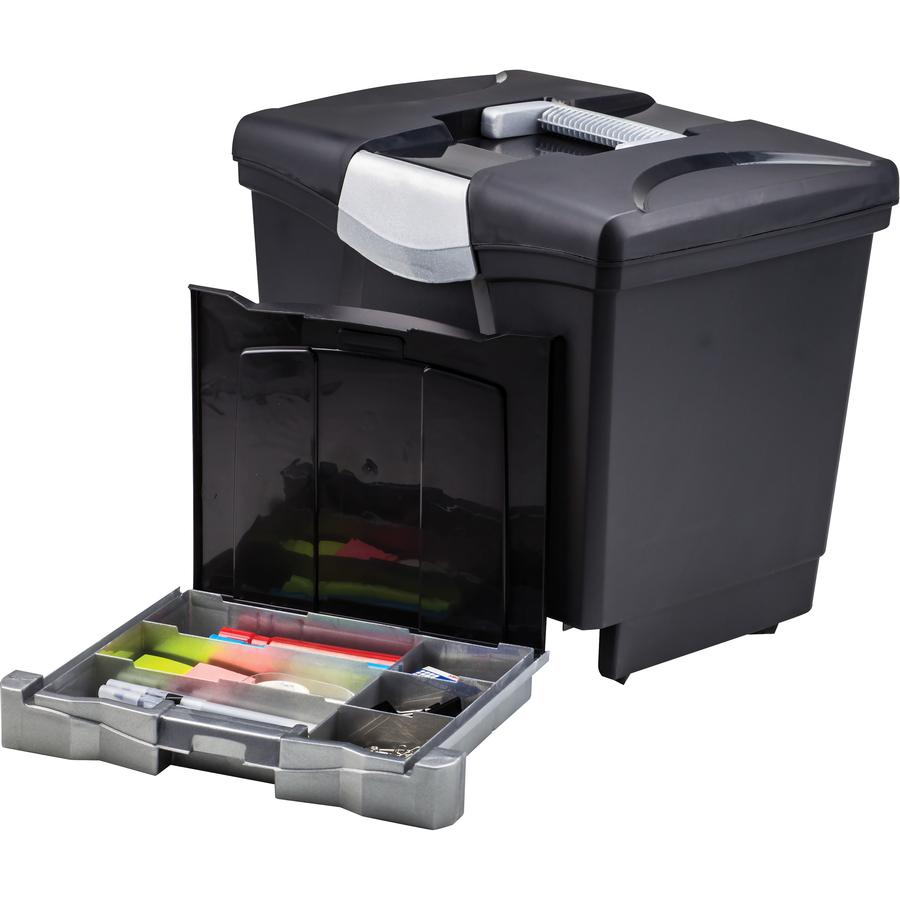 Storex Portable file Box with Drawer - External Dimensions: 11.5" Width x 14.3" Depth x 13" Height - Latch Lock Closure - Plastic - Black - For Document, Pen/Pencil, File, Letter - Recycled - 1 / Cart. Picture 2