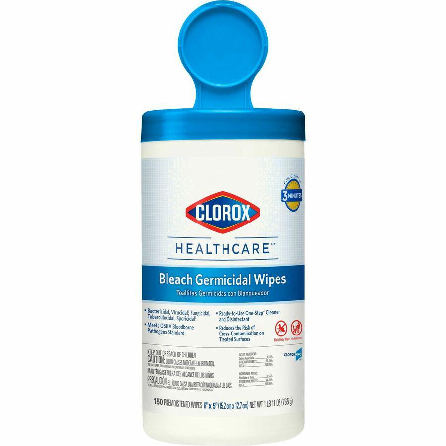 Clorox Healthcare Bleach Germicidal Wipes - For Multipurpose - Ready-To-Use - 5" Length x 6" Width - 150 / Canister - 1 Each - Disinfectant, Non-irritating, Anti-bacterial, Odorless - White. Picture 2