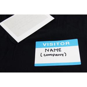SICURIX Self-adhesive Visitor Badge - 3 1/2" x 2 1/4" Length - Removable Adhesive - Rectangle - White, Blue - 100 / Box. Picture 3