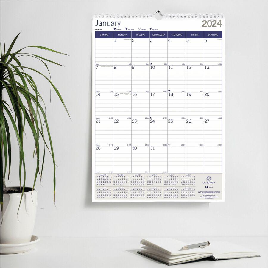 Blueline EcoLogix Wall Calendar - Monthly - 12 Month - January 2024 - December 2024 - 1 Month Single Page Layout - 12" x 17" Sheet Size - White, Brown, Green - Chipboard - Reinforced, Eco-friendly, Re. Picture 2