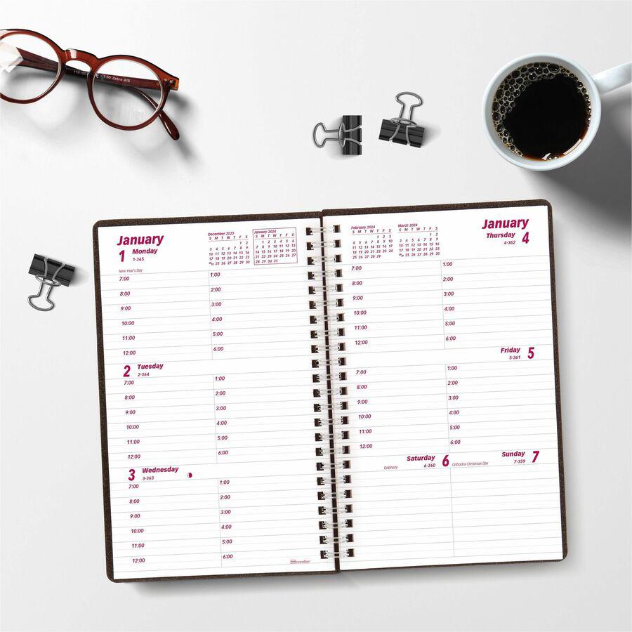 Brownline DuraFlex Weekly Appointment Book - Julian Dates - Weekly - 12 Month - January 2024 - December 2024 - 7:00 AM to 6:00 PM - Hourly - 1 Week Double Page Layout - 5" x 8" Sheet Size - Twin Wire . Picture 2