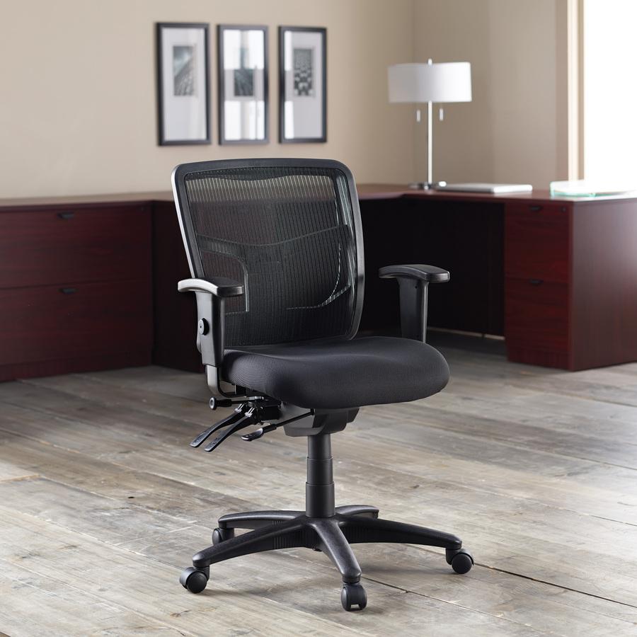 Lorell Managerial Swivel Mesh Mid-back Chair - Black Fabric Seat - Black Back - Black Frame - 5-star Base - Black - 1 Each. Picture 3