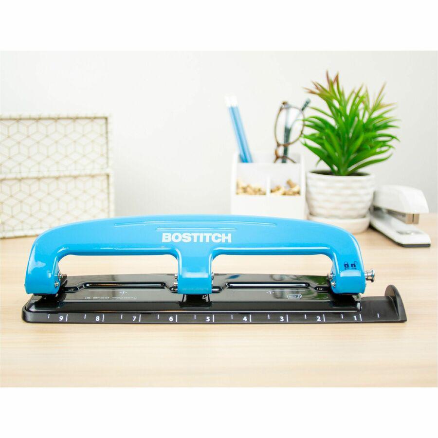 Bostitch EZ Squeeze&trade; 12 Three-Hole Punch - 3 Punch Head(s) - 12 Sheet - 9/32" Punch Size - Round Shape - 3" x 1.6" - Blue, Black. Picture 2