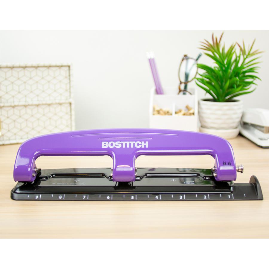 Bostitch EZ Squeeze&trade; 12 Three-Hole Punch - 3 Punch Head(s) - 12 Sheet - 9/32" Punch Size - 3" x 1.6" - Purple, Black. Picture 6