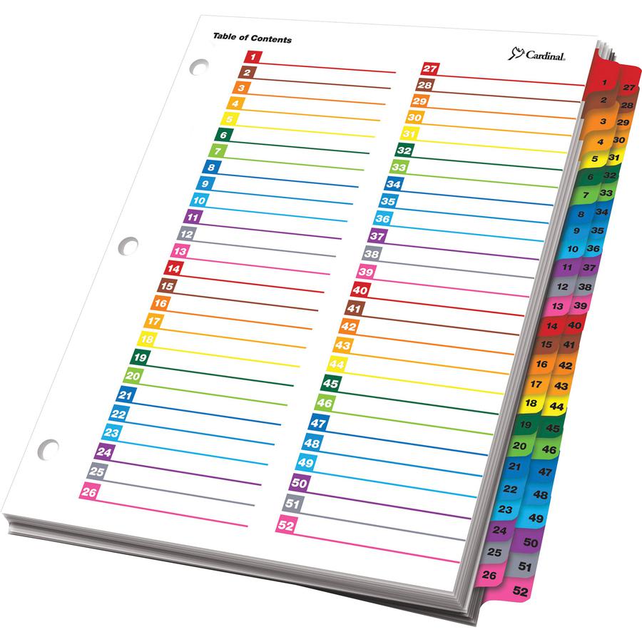 Cardinal OneStep Printable Dividers - 52 Print-on Tab(s) - 52 Tab(s)/Set - 8.5" Divider Width x 11" Divider Length - Letter - 3 Hole Punched - Multicolor Divider - Multicolor Tab(s) - Reinforced Edges. Picture 3
