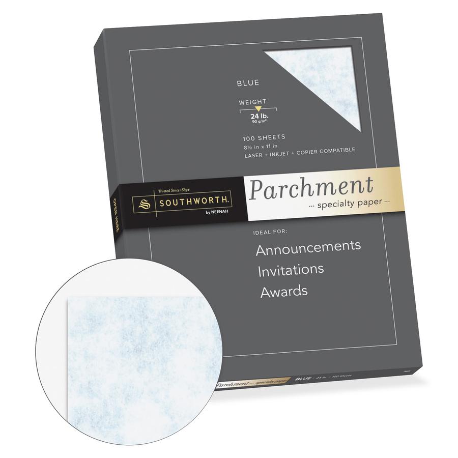 Southworth Parchment Specialty Paper - Blue - Letter - 8 1/2" x 11" - 24 lb Basis Weight - Parchment - 100 / Box - Acid-free, Lignin-free, Non-yellowing - Blue. Picture 2