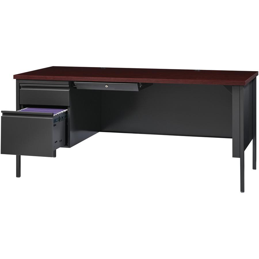 Lorell Fortress Series Left-Pedestal Desk - Rectangle Top - 66" Table Top Width x 30" Table Top Depth x 1.12" Table Top Thickness - 29.50" HeightAssembly Required - Laminated, Mahogany - Steel - 1 Eac. Picture 2