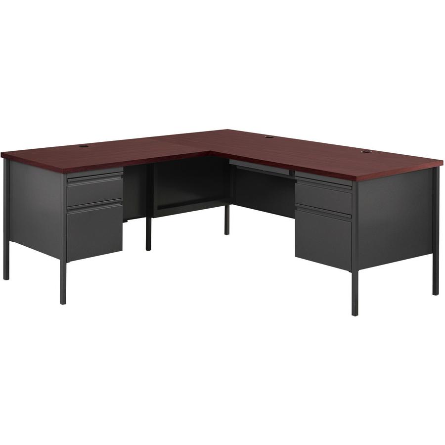 Lorell Fortress Series 66" Right-Pedestal Desk - Laminated Rectangle, Walnut Top - 30" Table Top Length x 66" Table Top Width x 1.13" Table Top Thickness - 29.50" Height - Assembly Required - Black Wa. Picture 2