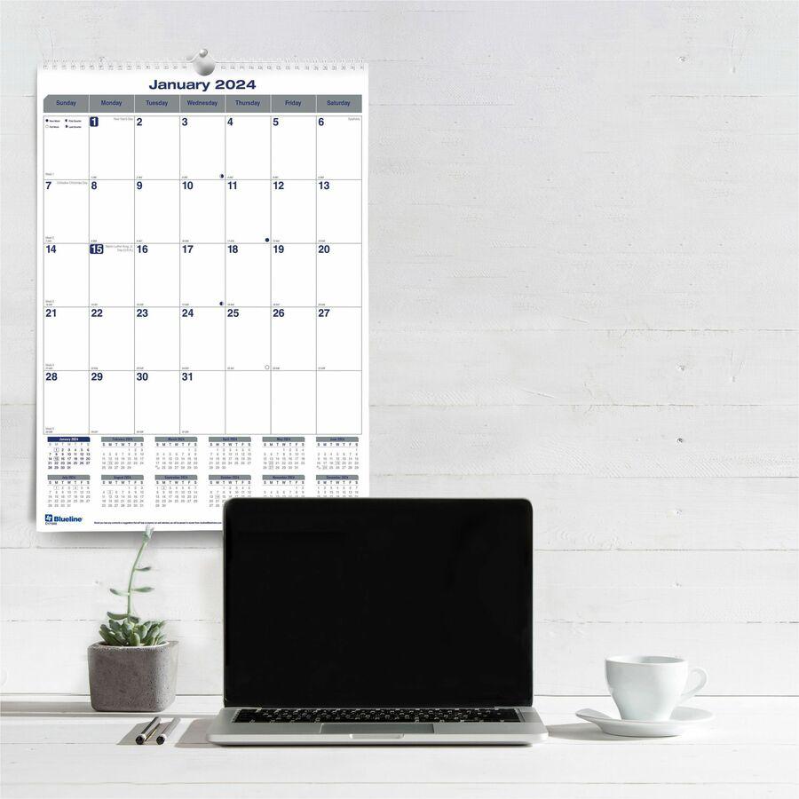 Blueline Net Zero Carbon Wall Calendar - Julian Dates - Monthly - 12 Month - January 2024 - December 2024 - 1 Month Single Page Layout - 12" x 17" White Sheet - Twin Wire - White - Chipboard - Black C. Picture 2