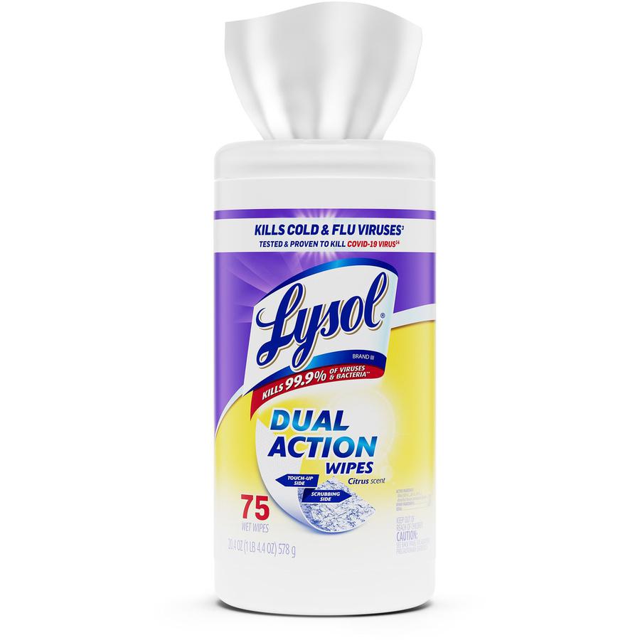Lysol Dual Action Wipes - For Multipurpose - Citrus Scent - 7" Length x 7.25" Width - 75 / Canister - 6 / Carton - Pre-moistened, Anti-bacterial - White/Purple. Picture 2