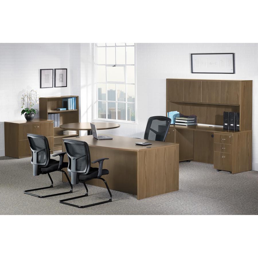 Lorell Essentials Series Bridge - 41.4" x 23.6"29.5" Bridge, 1" Top - Finish: Walnut - Laminate Table Top - Durable, Grommet, Back Panel, Cord Management, Modesty Panel - For Office. Picture 2