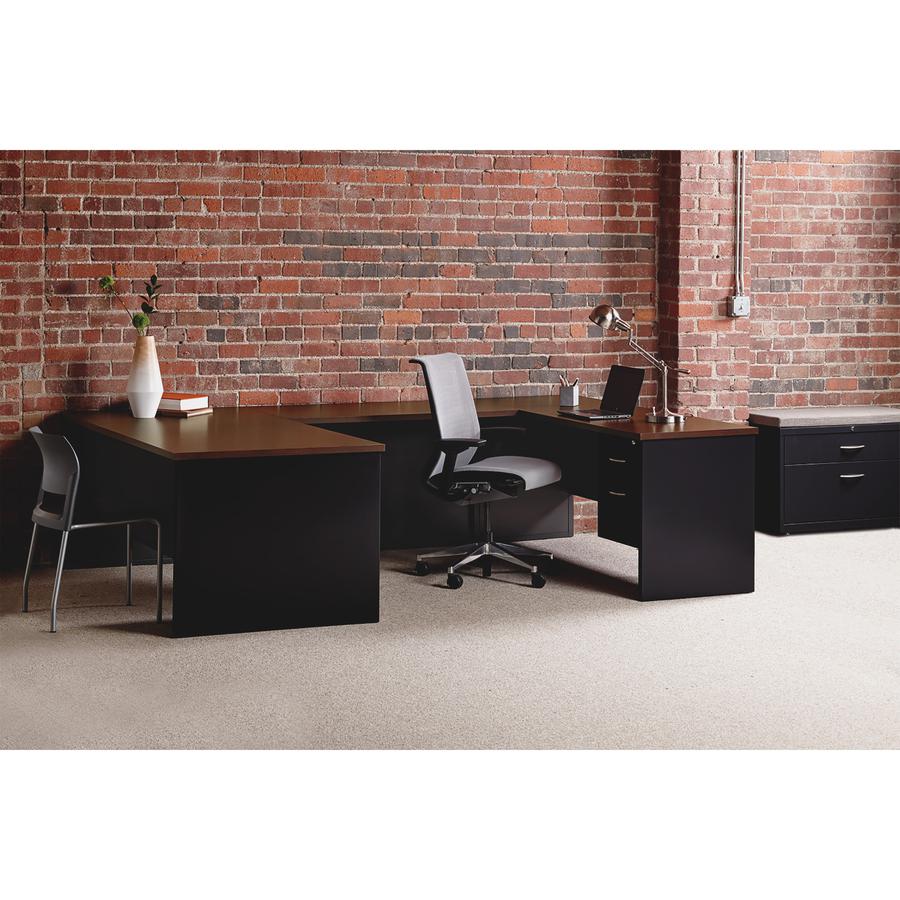 Lorell Walnut Laminate Commercial Steel Double-pedestal Credenza - 2-Drawer - 72" x 24" , 1.1" Top - 2 x Box, File Drawer(s) - Double Pedestal - Material: Steel - Finish: Walnut Laminate, Black. Picture 2