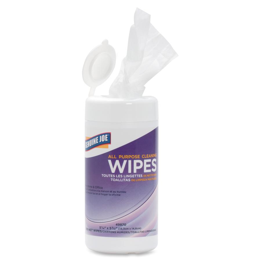 Genuine Joe All Purpose Cleaning Wipes - 5.88" Length x 5.13" Width - 100 / Canister - 12 / Carton - Pre-moistened, Non-abrasive, Non-toxic, Soft - Multi. Picture 2