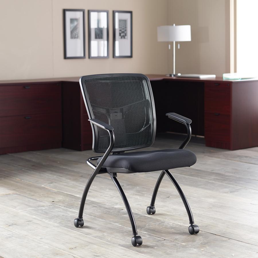 Lorell Ergomesh Nesting Chairs with Arms - Dillon Cordovan Antimicrobial Vinyl Seat - Black Mesh Back - Gray Powder Coated Metal Frame - Four-legged Base - Armrest - 2 / Carton. Picture 2