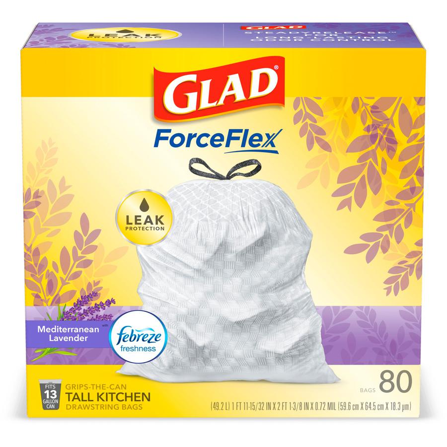 Glad ForceFlex Tall Kitchen Drawstring Trash Bags - Mediterranean Lavender with Febreze Freshness - 13 gal Capacity - 0.78 mil (20 Micron) Thickness - White - 80/Box - 80 Per Box - Garbage, Office, Ki. Picture 2