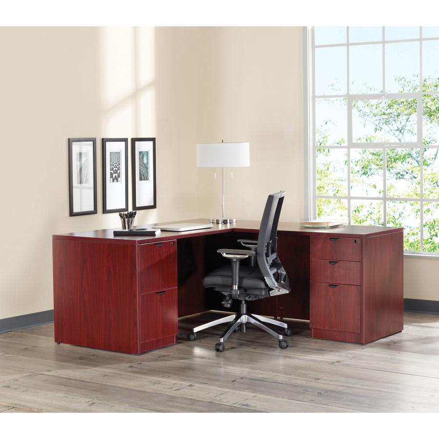 Lorell Prominence 2.0 Mahogany Laminate Left-Pedestal Credenza - 2-Drawer - 66" x 24" x 29" , 1" Top - 2 x File Drawer(s) - Single Pedestal on Left Side - Band Edge - Material: Particleboard - Finish:. Picture 3