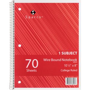 Sparco Wirebound Notebooks - 70 Sheets - Wire Bound - College Ruled - Unruled Margin - 16 lb Basis Weight - 8" x 10 1/2" - AssortedChipboard Cover - Subject, Stiff-cover, Stiff-back, Perforated, Hole-. Picture 5