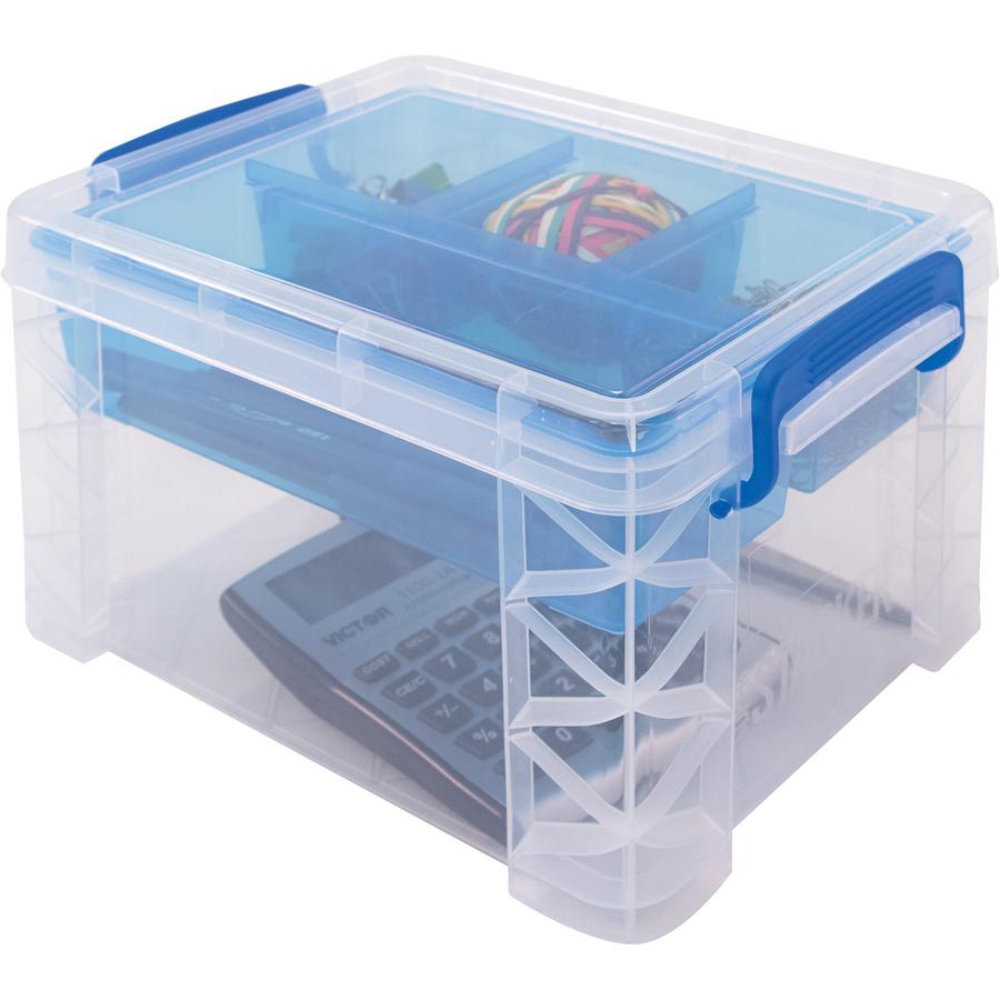 Advantus Super Stacker Divided Supply Box - External Dimensions: 10.1" Length x 7.5" Width x 6.5" Height - 5 Dividers - Lid Lock Closure - Stackable - Plastic - Clear, Blue - For Pen/Pencil, Paper Cli. Picture 4