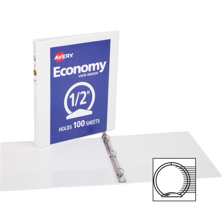 Avery&reg; Economy View Binder - 1/2" Binder Capacity - Letter - 8 1/2" x 11" Sheet Size - 100 Sheet Capacity - 3 x Round Ring Fastener(s) - 2 Internal Pocket(s) - Vinyl, Chipboard - White - 13.12 lb . Picture 2