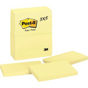 Post-it&reg; Notes Original Notepads - 3" x 5" - Rectangle - 100 Sheets per Pad - Unruled - Canary Yellow - Paper - Self-adhesive, Repositionable - 24 / Bundle. Picture 3