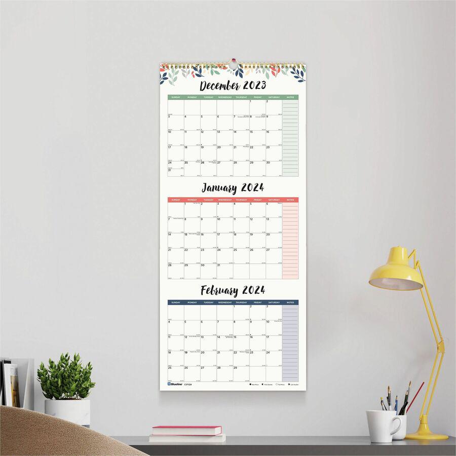 Blueline 3-Month Colorful Wall Calendar - Professional - Julian Dates - Monthly - 14 Month - December 2023 - January 2025 - 3 Month Single Page Layout - 12 1/4" x 27" Sheet Size - Twin Wire - Hook & L. Picture 2