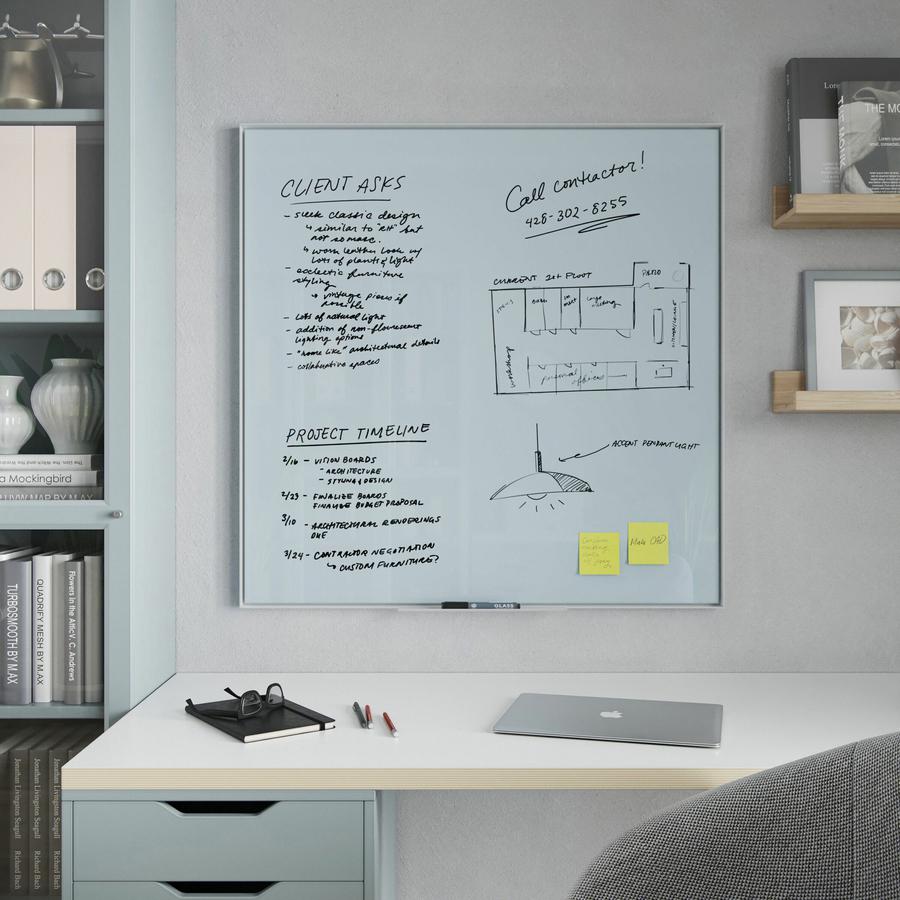 U Brands Frosted Glass Dry Erase Board - 35" (2.9 ft) Width x 35" (2.9 ft) Height - Frosted White Tempered Glass Surface - White Aluminum Frame - Square - Horizontal/Vertical - 1 Each. Picture 2